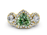 Yellow gold Fancy Green Heart Cut Diamond Three-Stone Halo Ring with Prong Setting and Pavé Accents