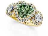 Yellow gold Fancy Green Heart Cut Diamond Three-Stone Halo Ring with Prong Setting and Pavé Accents_1