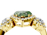 Yellow gold Fancy Green Heart Cut Diamond Three-Stone Halo Ring with Prong Setting and Pavé Accents_4