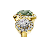 Yellow gold Fancy Green Heart Cut Diamond Three-Stone Halo Ring with Prong Setting and Pavé Accents_5