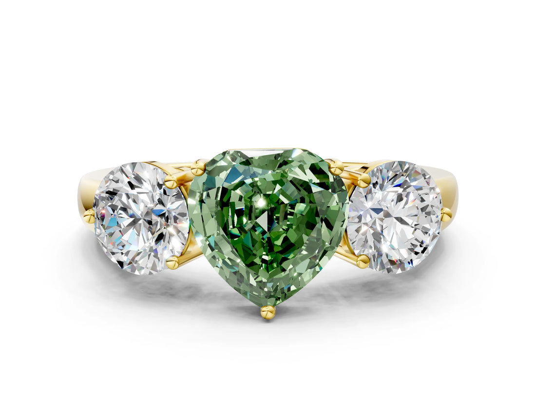 Yellow gold Fancy Green Heart Cut Diamond Three-Stone Ring with Prong Setting and Classic Band_46