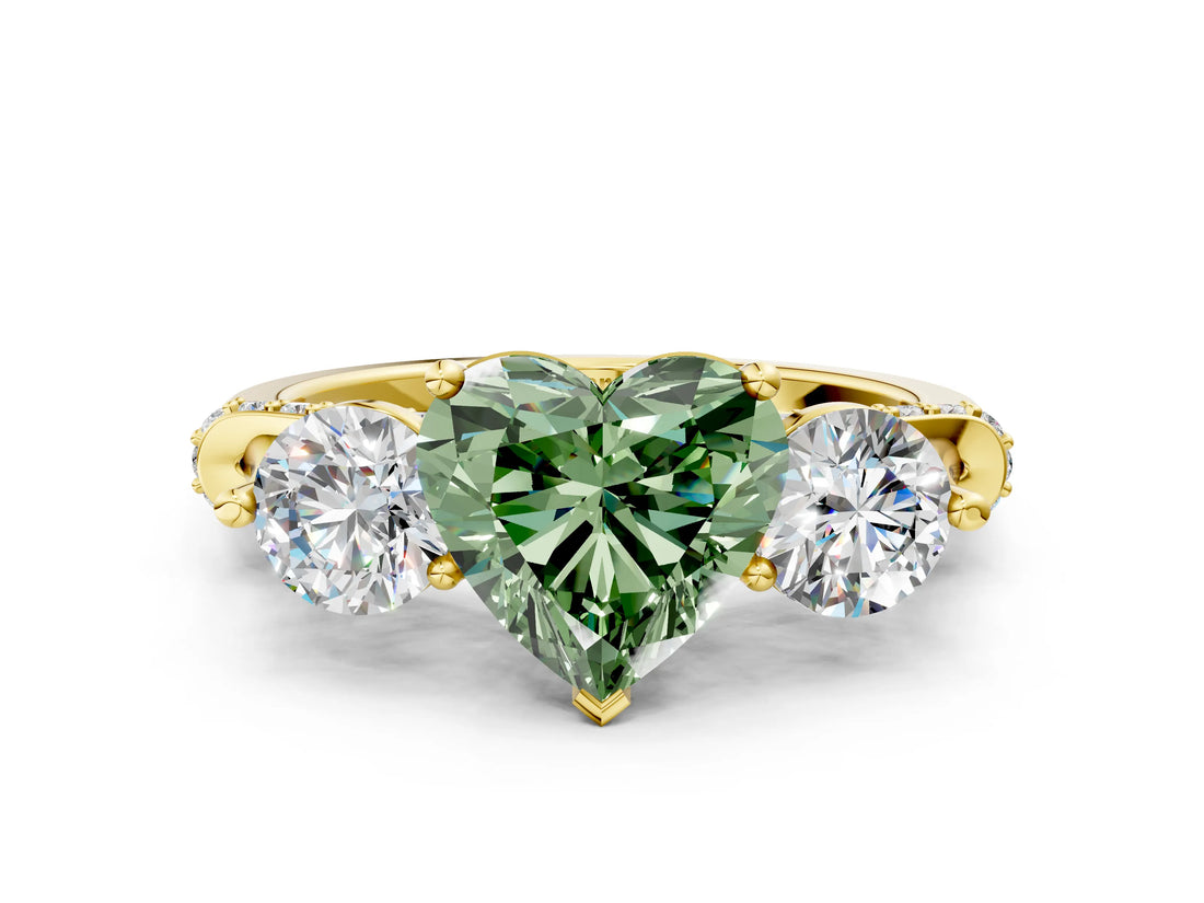 Yellow gold Fancy Green Heart Cut Diamond Three-Stone Ring with Prong Setting and Pavé Band