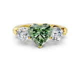 Yellow gold Fancy Green Heart Cut Diamond Three-Stone Ring with Prong Setting and Pavé Band