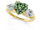 Yellow gold Fancy Green Heart Cut Diamond Three-Stone Ring with Prong Setting and Pavé Band_1