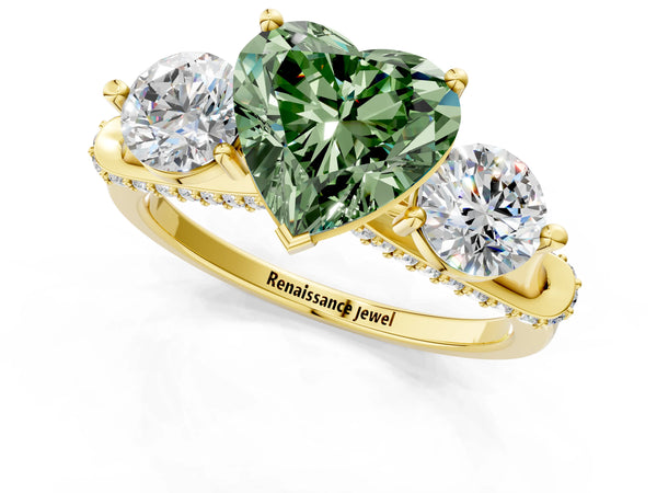 Yellow Gold Heart-Shaped Curved Pave Three Stone Engagement Ring Setting for Fancy Green Center