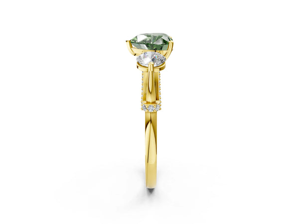 Yellow Gold Heart-Shaped Curved Pave Three Stone Engagement Ring Setting for Fancy Green Center