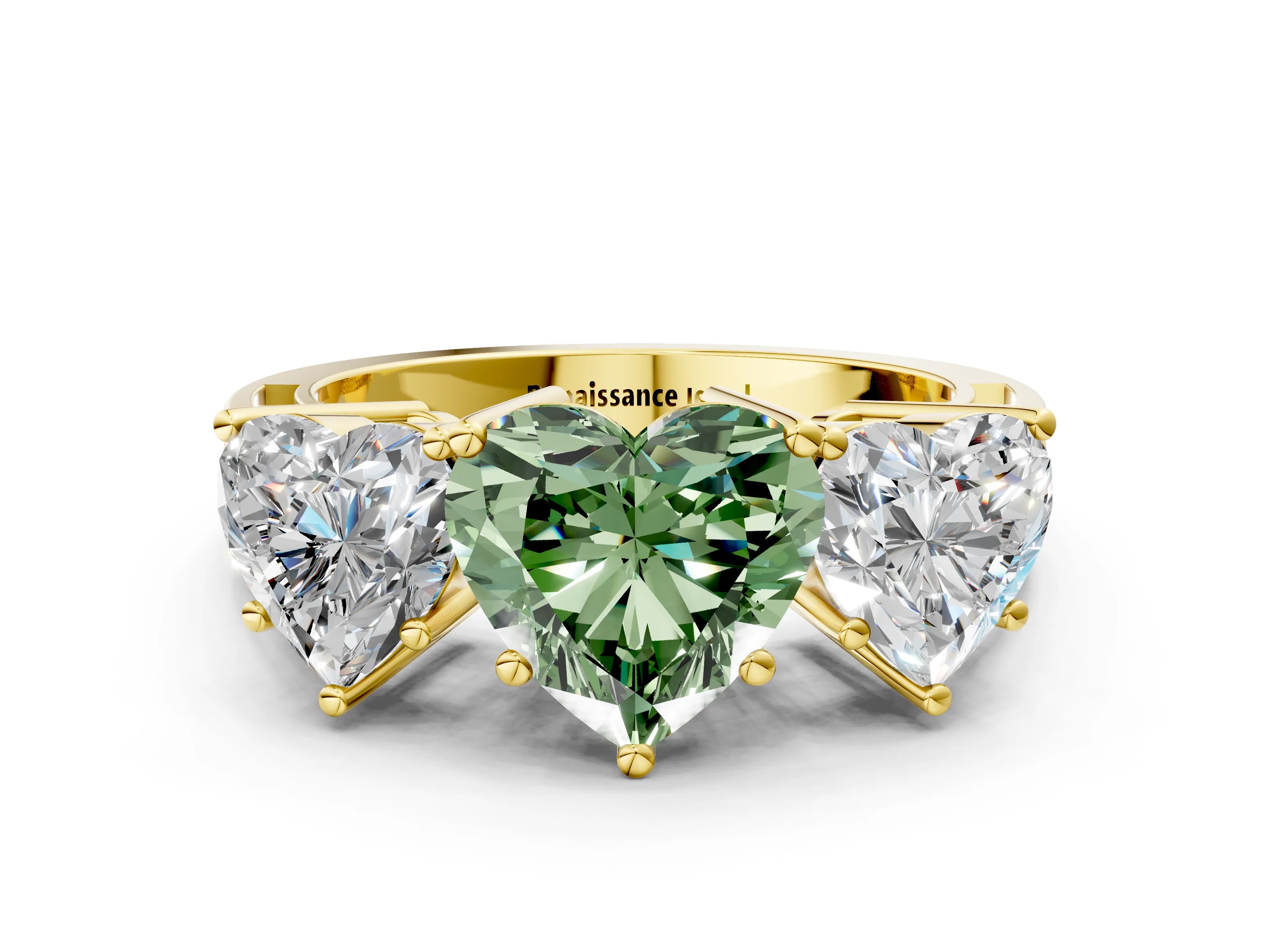 Yellow gold Fancy Green Heart Cut Diamond Three-Stone Ring with Prong Setting and Textured Band