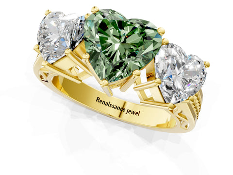 Yellow gold Fancy Green Heart Cut Diamond Three-Stone Ring with Prong Setting and Textured Band_1
