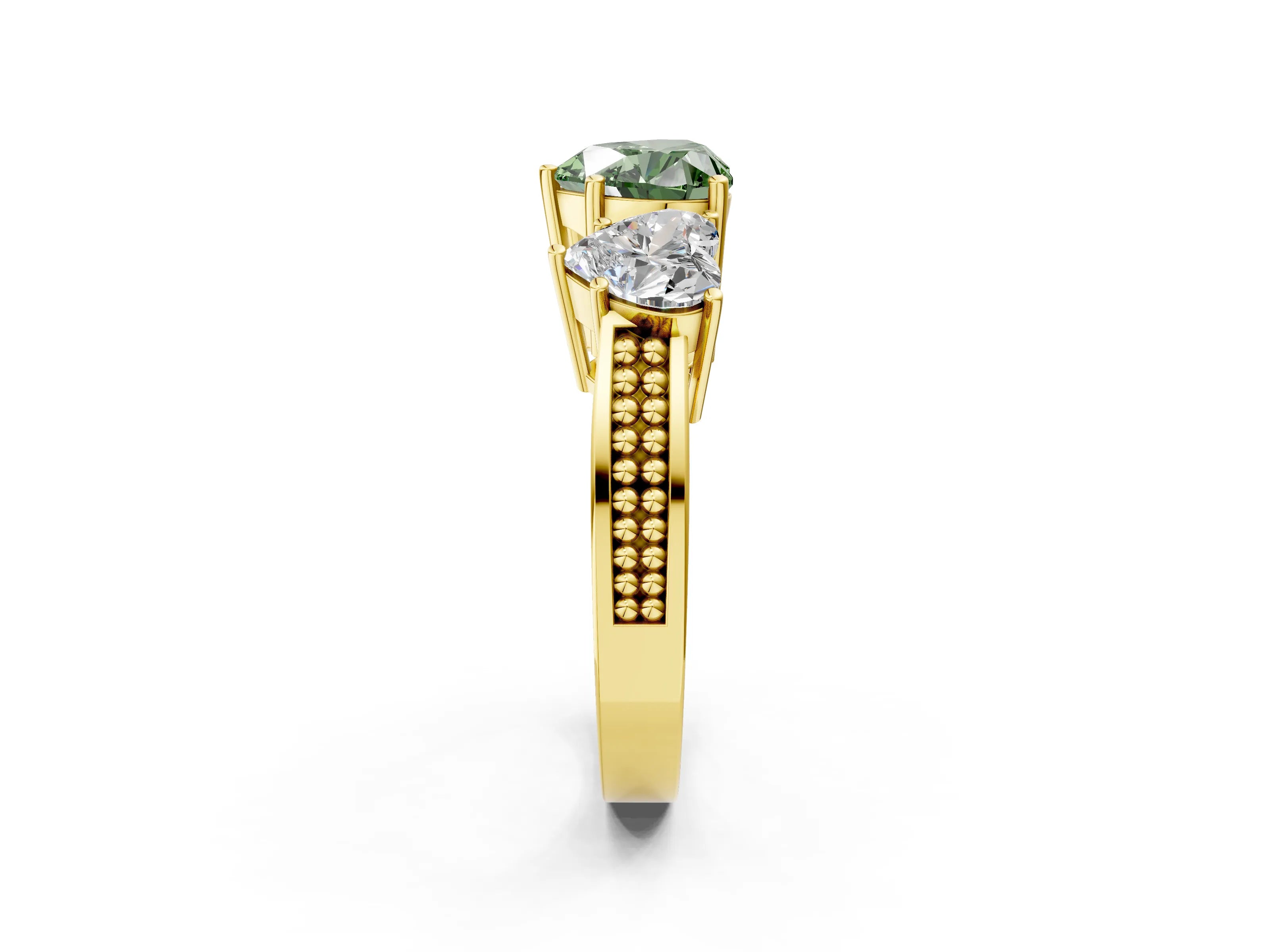 Yellow gold Fancy Green Heart Cut Diamond Three-Stone Ring with Prong Setting and Textured Band_2