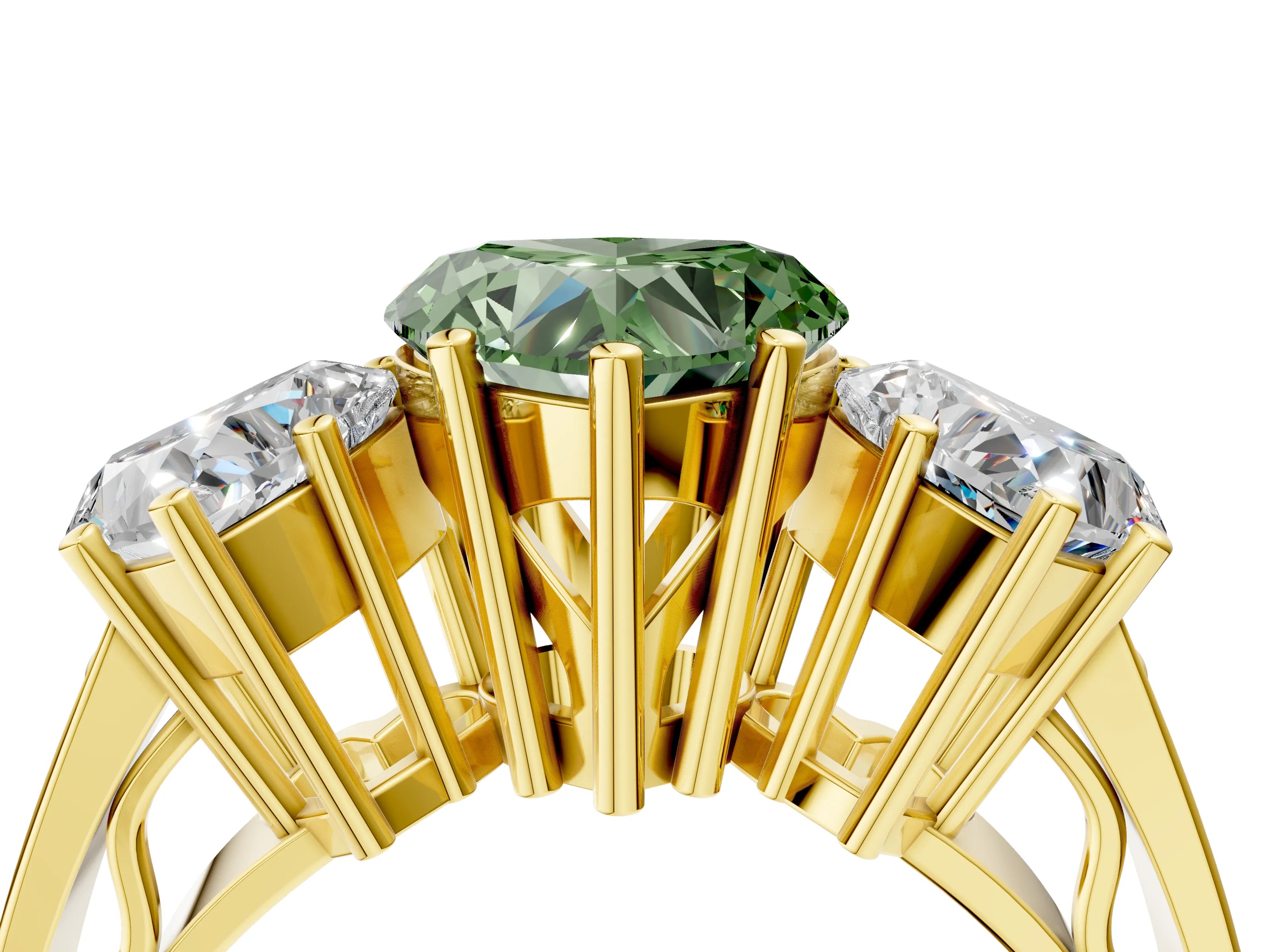 Yellow gold Fancy Green Heart Cut Diamond Three-Stone Ring with Prong Setting and Textured Band_4