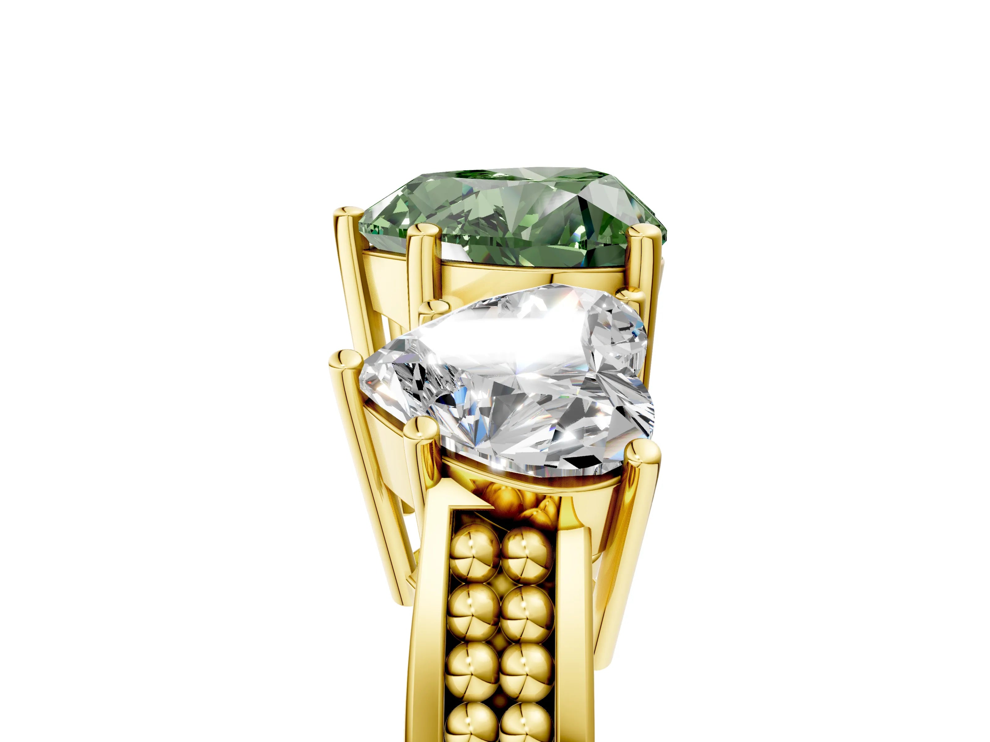 Yellow gold Fancy Green Heart Cut Diamond Three-Stone Ring with Prong Setting and Textured Band_5