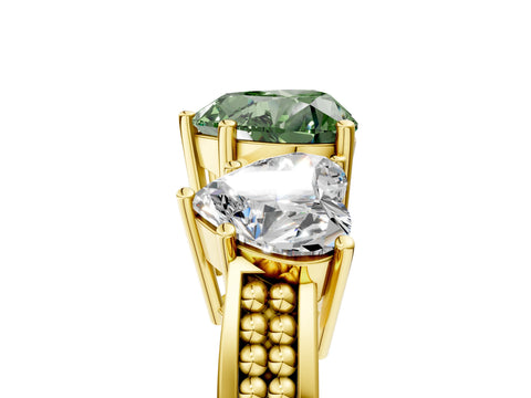 Yellow gold Fancy Green Heart Cut Diamond Three-Stone Ring with Prong Setting and Textured Band_5