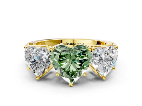 Yellow gold Fancy Green Heart Cut Diamond Three-Stone Ring with Prong Setting and Textured Band