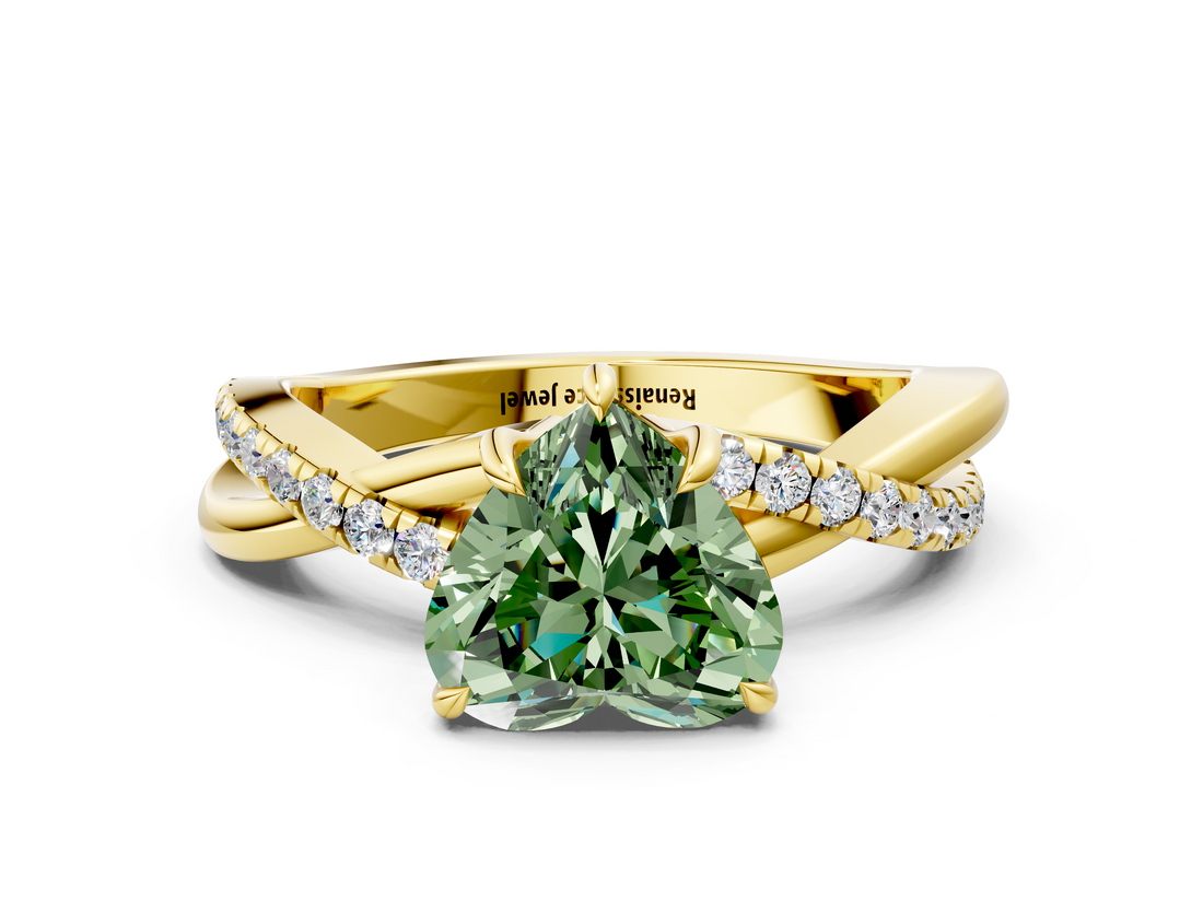 Yellow gold Fancy Green Heart  Cut Diamond Twisted Band with Pavé Setting and Four-Prong Setting