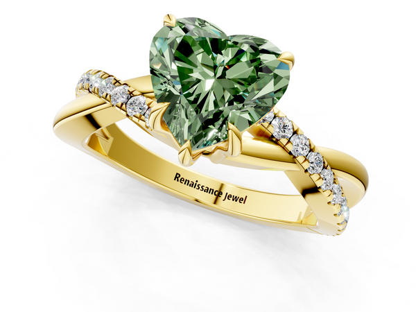 Yellow gold Fancy Green Heart  Cut Diamond Twisted Band with Pavé Setting and Four-Prong Setting