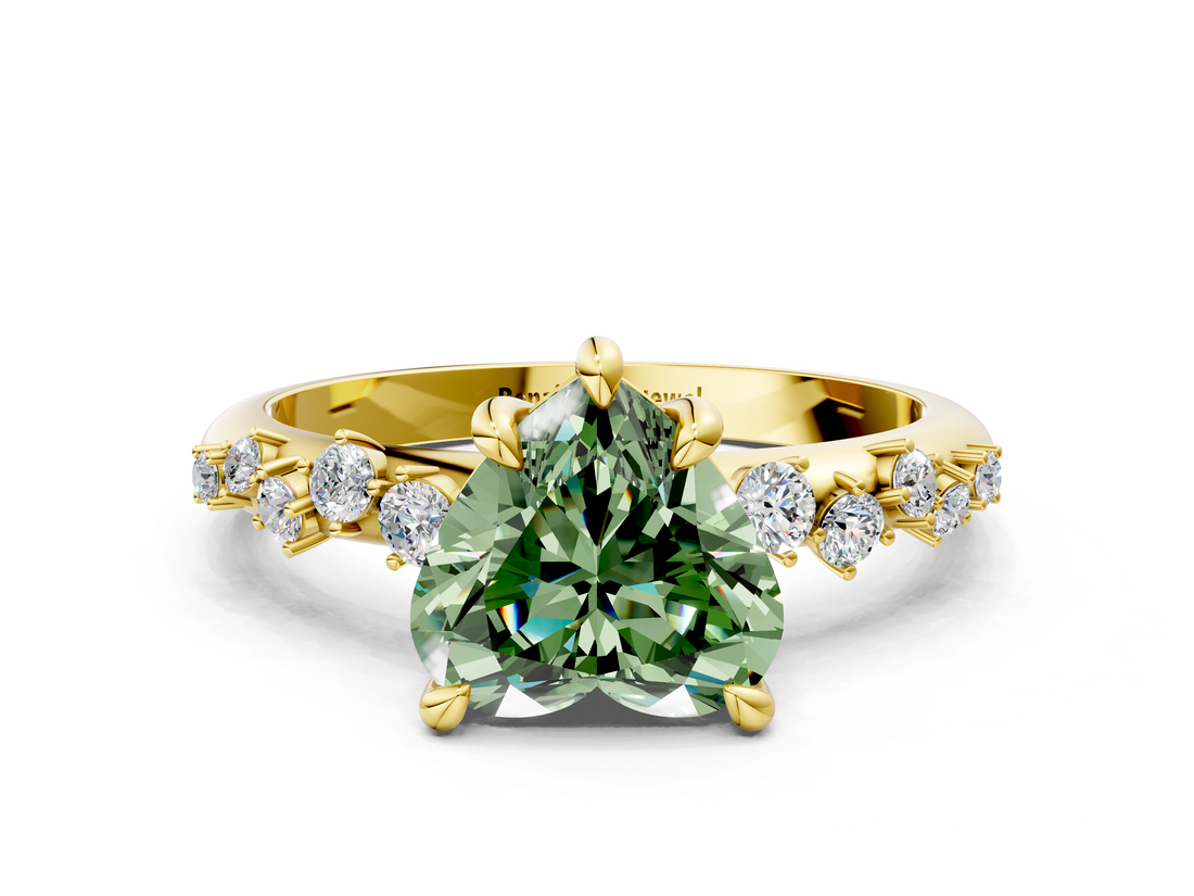 Yellow gold Fancy Green Heart  Cut Diamond Vine Band with Four-Prong Setting