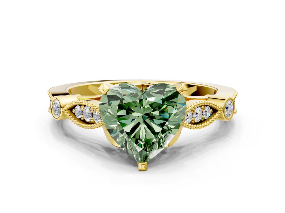 Yellow gold Fancy Green Heart  Cut Diamond with Milgrain Marquise and Bezel Accents on a Solitaire Band with Prong Setting