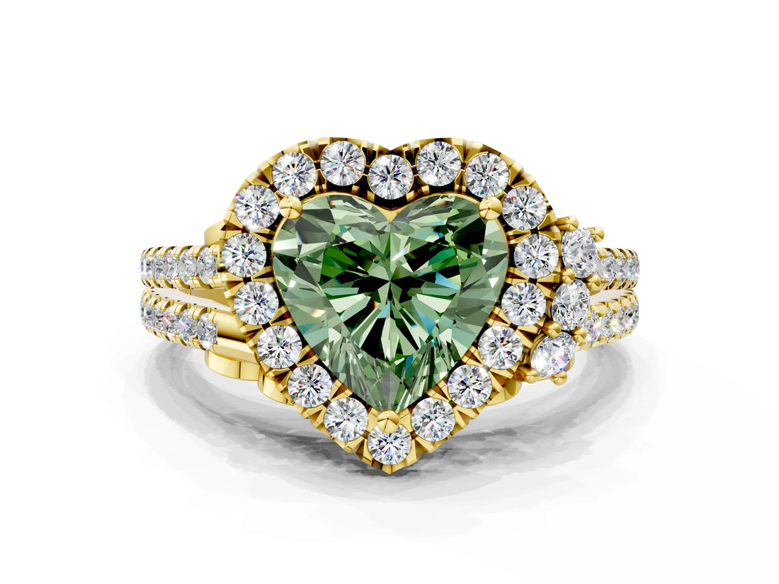 Yellow gold Fancy Green Heart  Cut Double Halo Diamond Engagement Ring with Pave Band and Four-Prong Setting_41