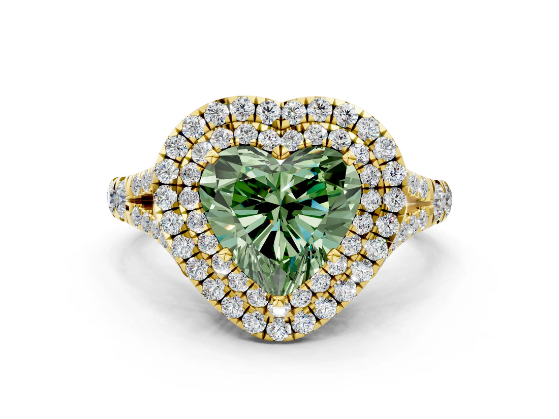 Yellow gold Fancy Green Heart  Cut Double Halo Split Shank Diamond Ring with Prong Setting_29