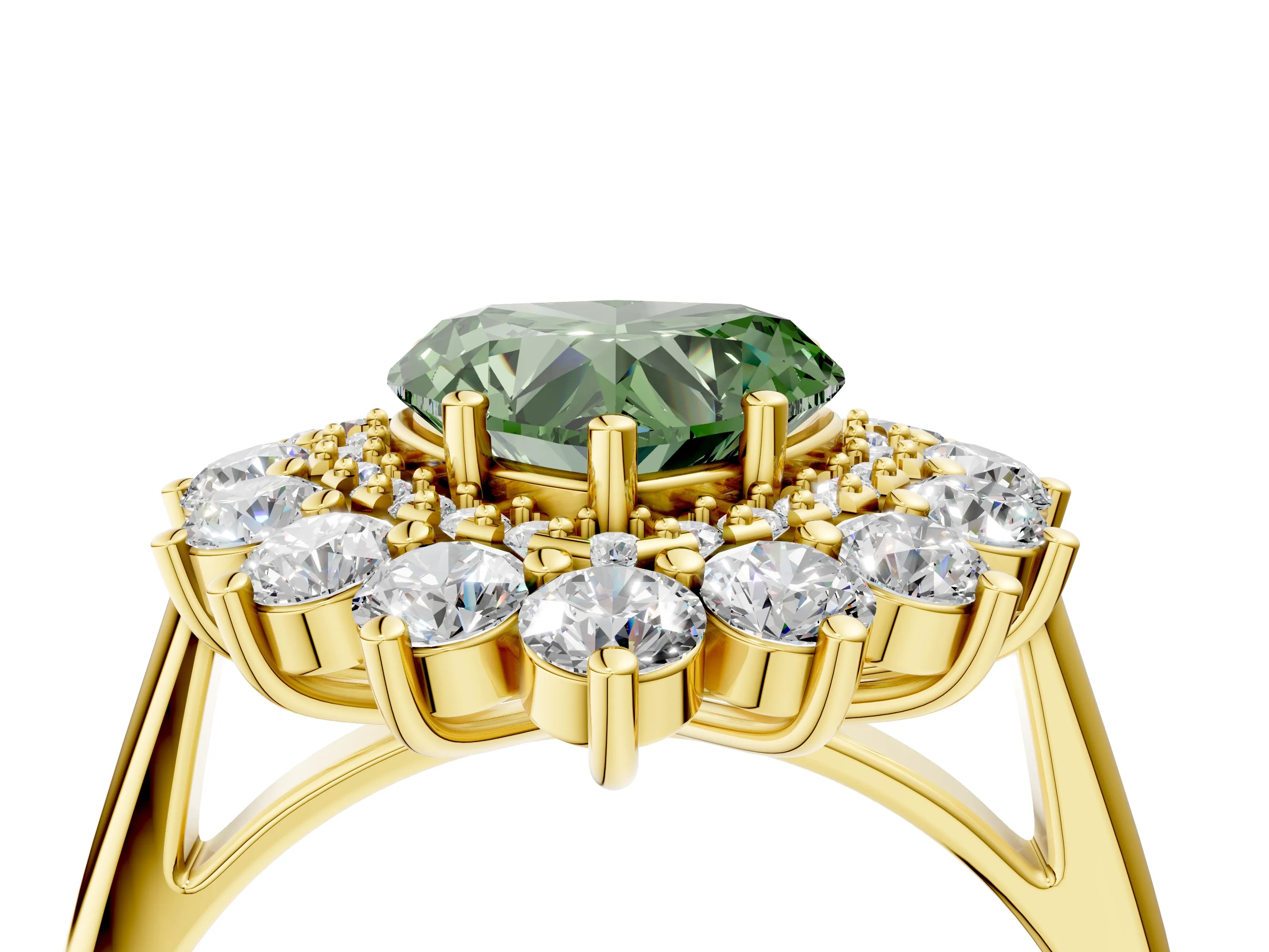 Yellow gold Fancy Green Heart Cut Halo Cluster Diamond Ring with Pave Band and Four-Prong Setting_16