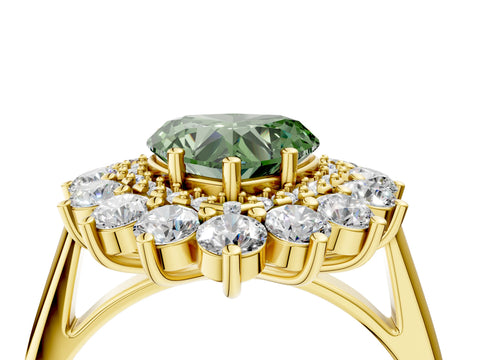 Yellow gold Fancy Green Heart Cut Halo Cluster Diamond Ring with Pave Band and Four-Prong Setting_16