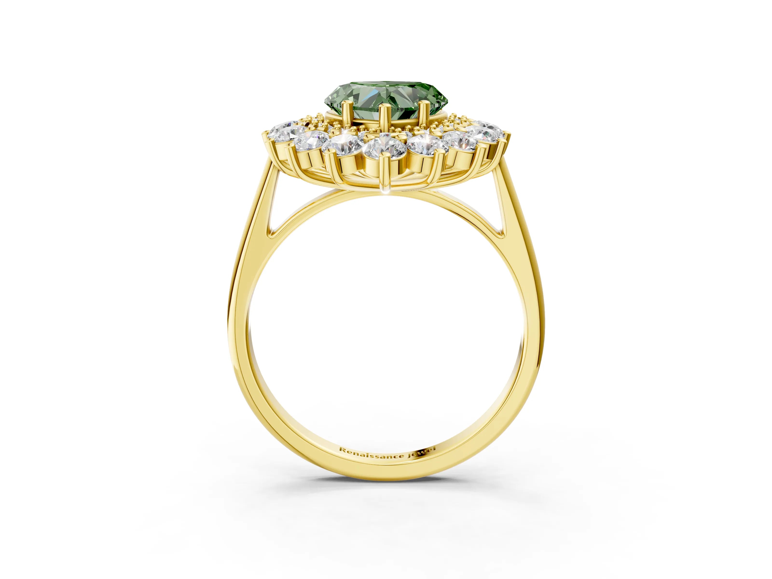 Yellow gold Fancy Green Heart Cut Halo Cluster Diamond Ring with Pave Band and Four-Prong Setting_3