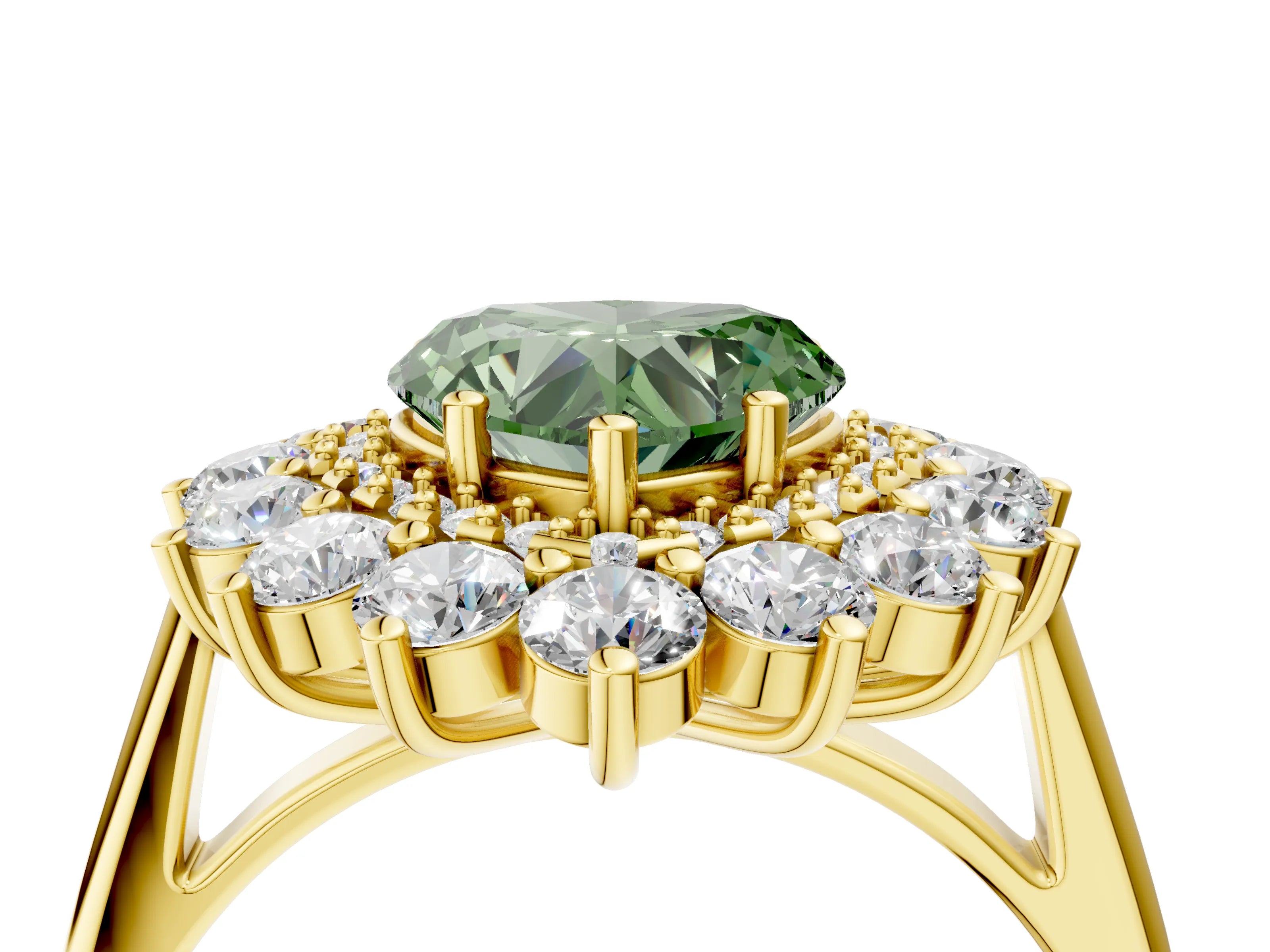 Yellow gold Fancy Green Heart Cut Halo Cluster Diamond Ring with Pave Band and Four-Prong Setting_4