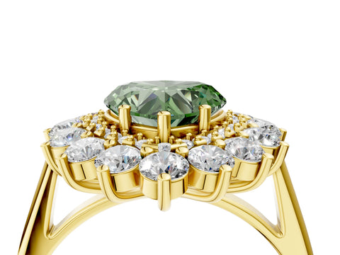 Yellow gold Fancy Green Heart Cut Halo Cluster Diamond Ring with Pave Band and Four-Prong Setting_4