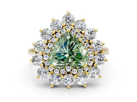 Yellow gold Fancy Green Heart Cut Halo Cluster Diamond Ring with Pave Band and Four-Prong Setting