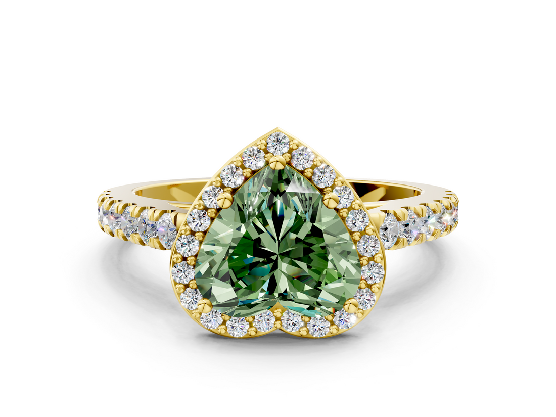Yellow gold Fancy Green Heart  Cut Halo Diamond Engagement Ring with Pave Band and Four-Prong Setting