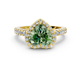 Yellow gold Fancy Green Heart  Cut Halo Diamond Engagement Ring with Pave Band and Four-Prong Setting