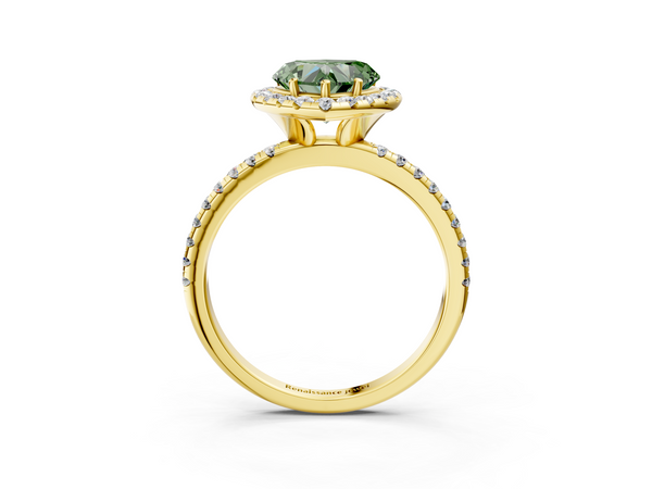 Yellow gold Fancy Green Heart  Cut Diamond Floral Halo Engagement Ring with Pavé Band and Prong Setting
