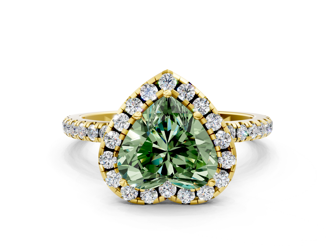Yellow gold Fancy Green Heart  Cut Halo Diamond Engagement Ring with Pave Band and Four-Prong Setting