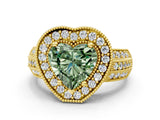 Yellow gold Fancy Green Heart Cut Halo Diamond Engagement Ring with Pave Split Shank and Four-Prong Setting
