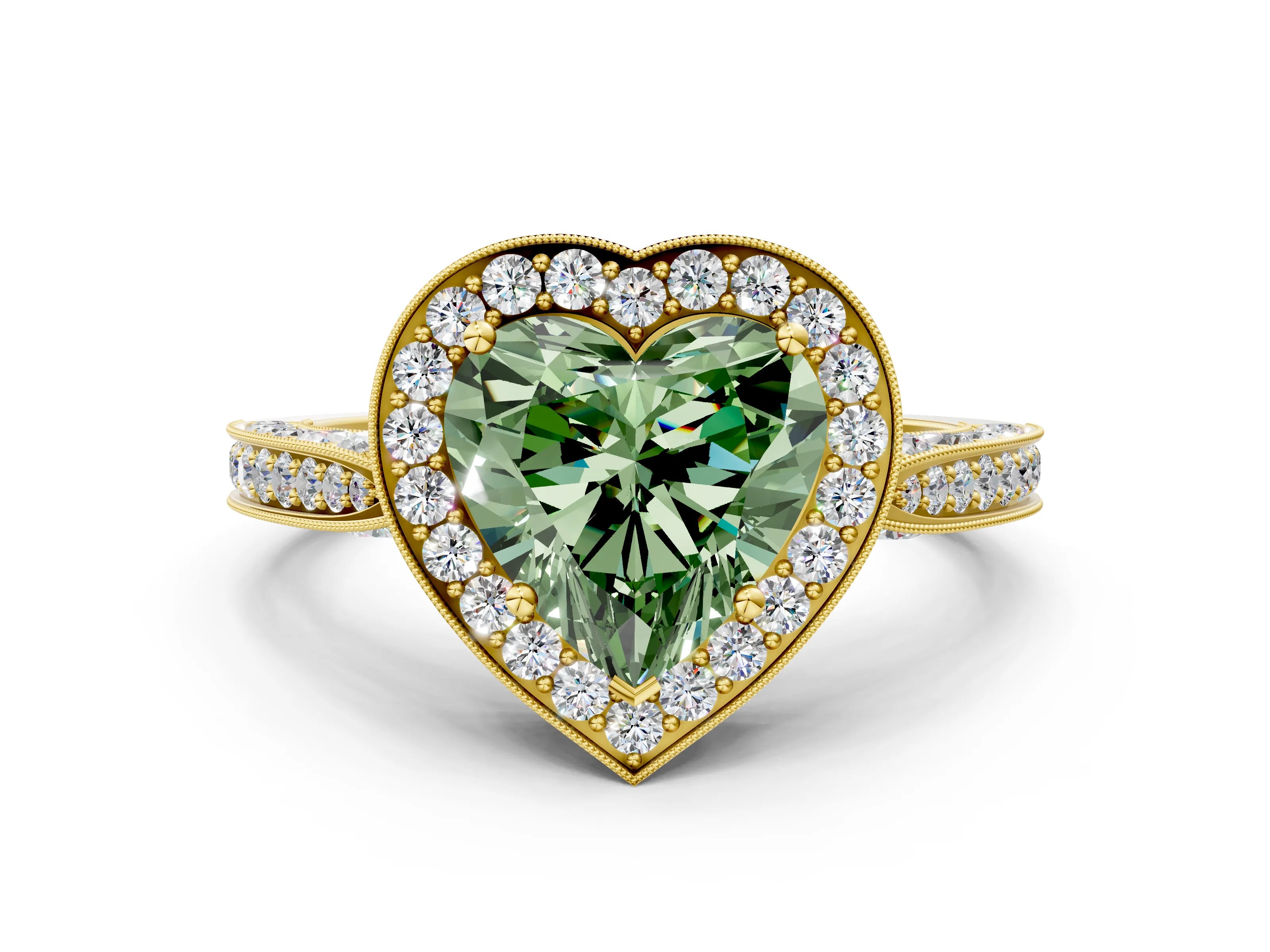Yellow gold Fancy Green Heart Cut Halo Diamond Engagement Ring with Split Shank Band and Four-Prong Setting