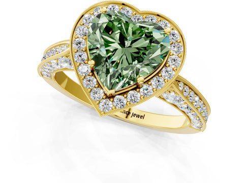 Yellow gold Fancy Green Heart Cut Halo Diamond Engagement Ring with Split Shank Band and Four-Prong Setting_1