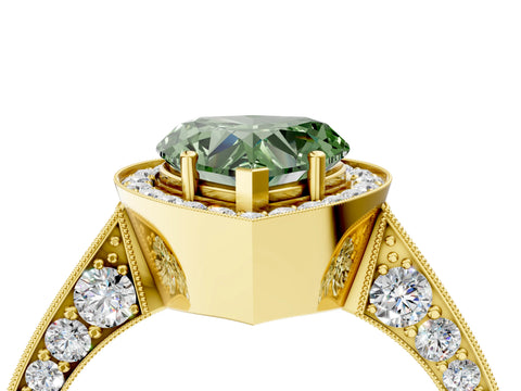 Yellow gold Fancy Green Heart Cut Halo Diamond Engagement Ring with Split Shank Band and Four-Prong Setting_4