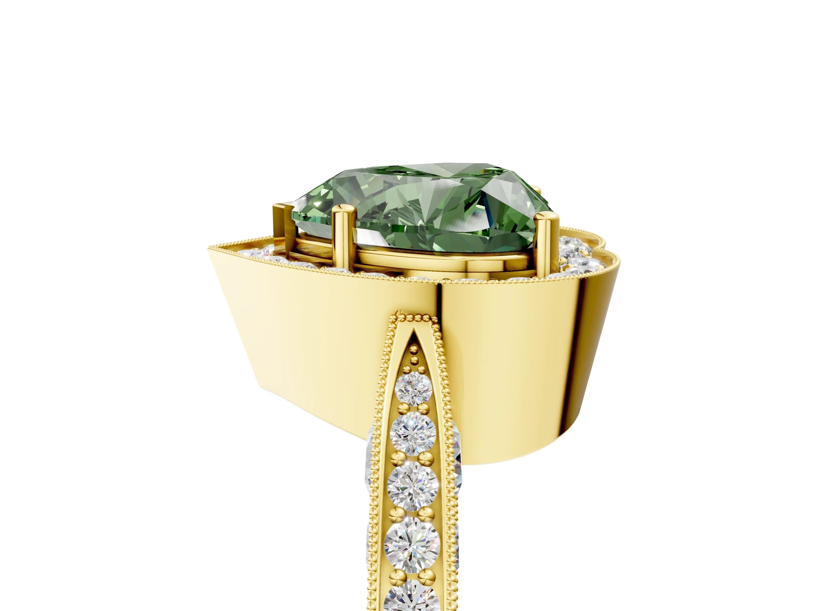 Yellow gold Fancy Green Heart Cut Halo Diamond Engagement Ring with Split Shank Band and Four-Prong Setting_5