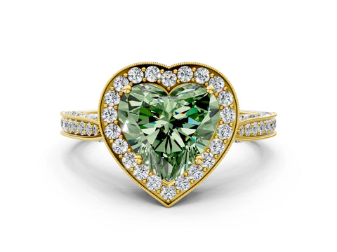 Yellow gold Fancy Green Heart Cut Halo Diamond Engagement Ring with Split Shank Band and Four-Prong Setting