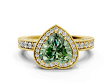 Yellow gold Fancy Green Heart  Cut Halo Diamond Pave Band Ring with Four-Prong Setting