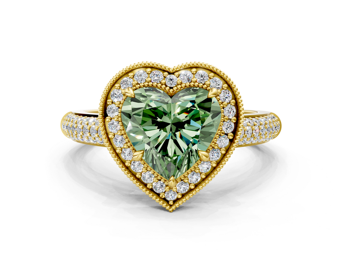 Yellow gold Fancy Green Heart  Cut Halo Diamond Pave Band with Four-Prong Setting