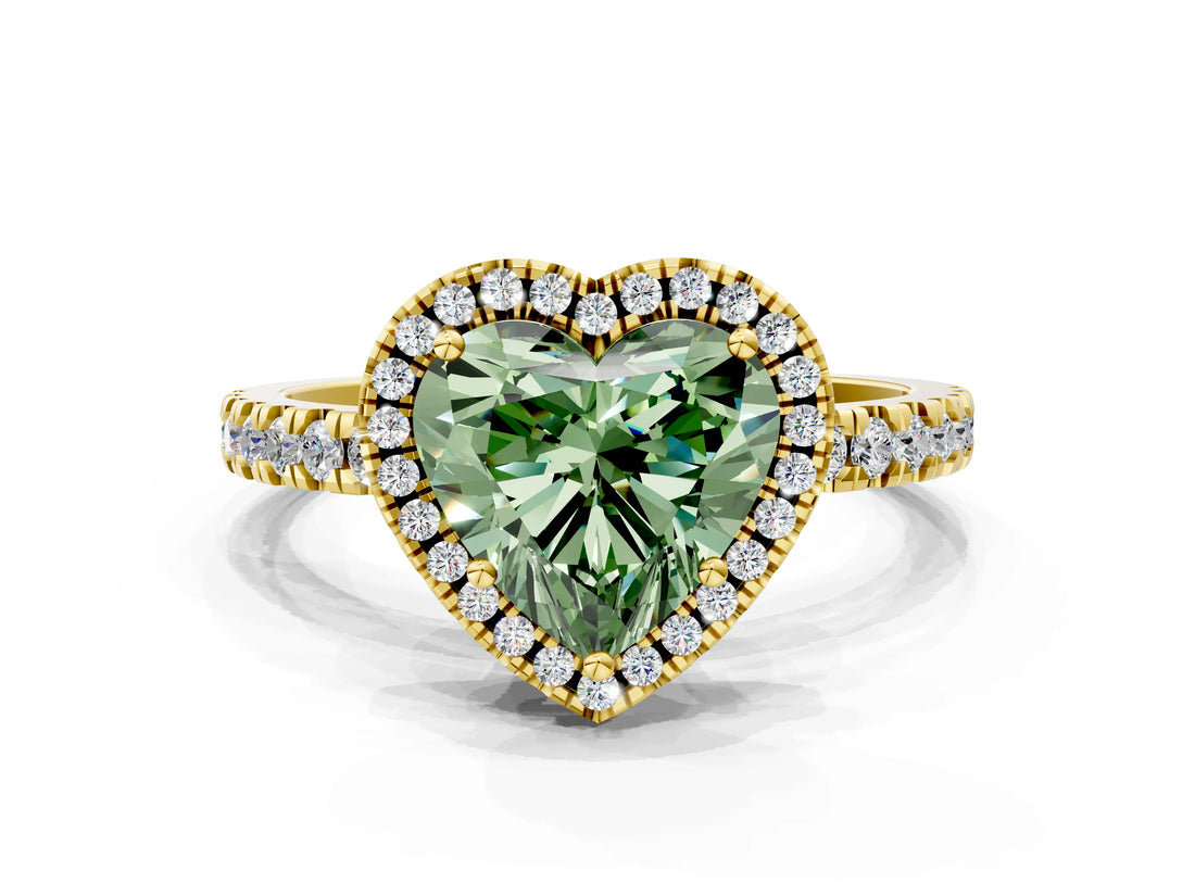 Yellow gold Fancy Green Heart Cut Halo Diamond Pave Band with Prong Setting