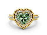 Yellow gold Fancy Green Heart Cut Halo Diamond Ring with Beaded Split Shank and Four-Prong Setting