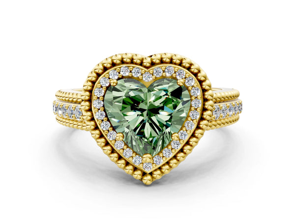 Yellow Gold Heart-Shaped Beaded Halo Engagement Ring Setting for Fancy Green Center with Pave