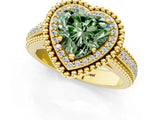 Yellow gold Fancy Green Heart Cut Halo Diamond Ring with Beaded Split Shank and Four-Prong Setting_1
