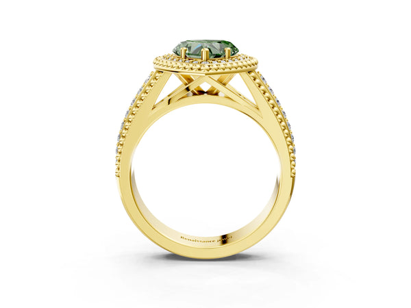 Yellow Gold Heart-Shaped Beaded Halo Engagement Ring Setting for Fancy Green Center with Pave