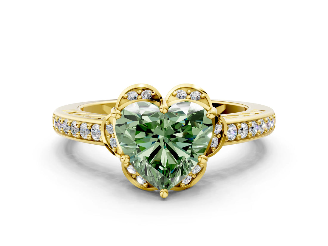 Yellow gold Fancy Green Heart  Cut Halo Diamond Ring with Channel Set Band and Four-Prong Setting_29