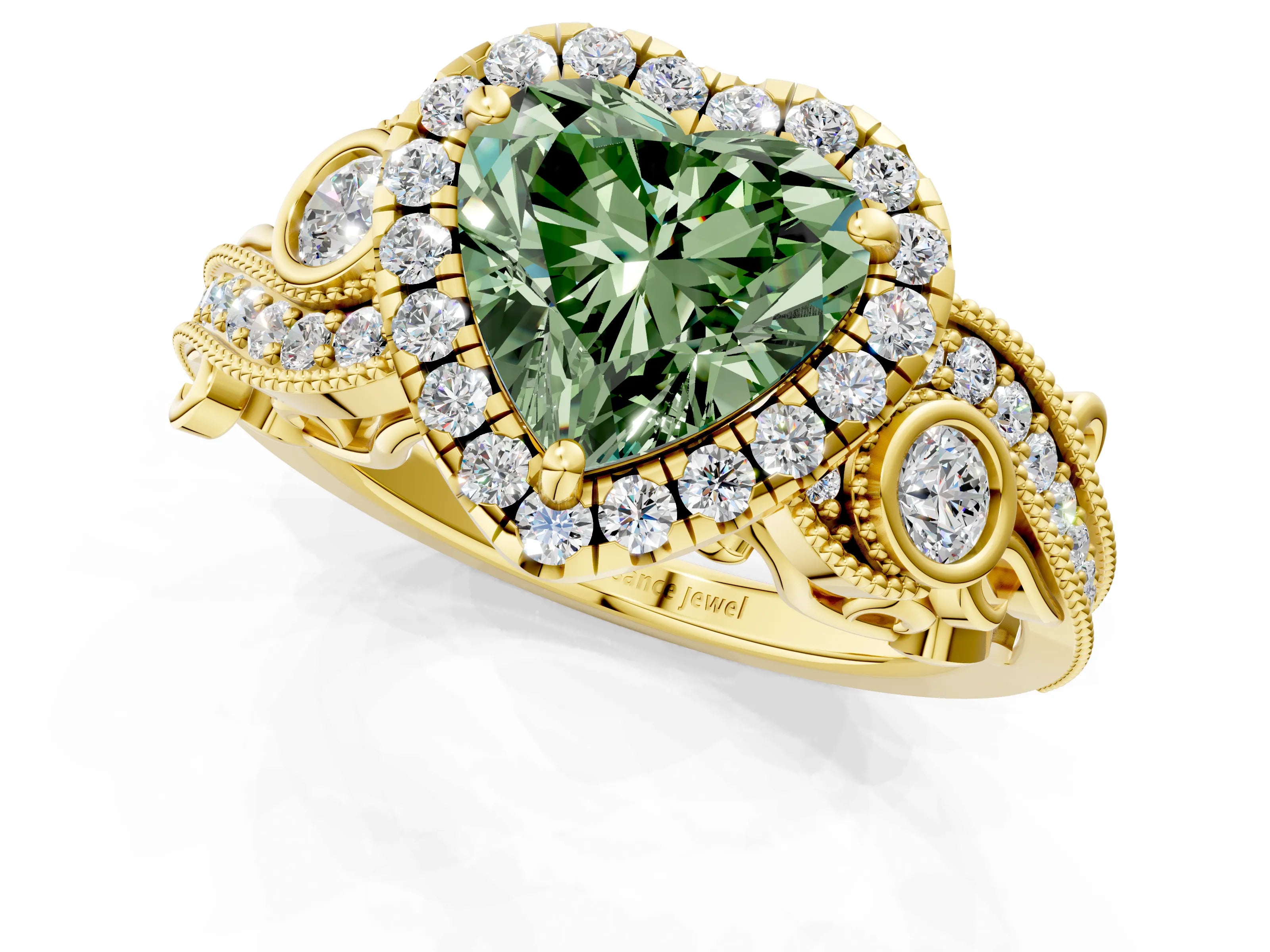 Yellow gold Fancy Green Heart Cut Halo Diamond Ring with Milgrain and Bezel Accents on a Split Shank Band_1