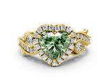 Yellow gold Fancy Green Heart Cut Halo Diamond Ring with Milgrain and Bezel Accents on a Split Shank Band_12