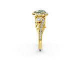 Yellow gold Fancy Green Heart Cut Halo Diamond Ring with Milgrain and Bezel Accents on a Split Shank Band_14